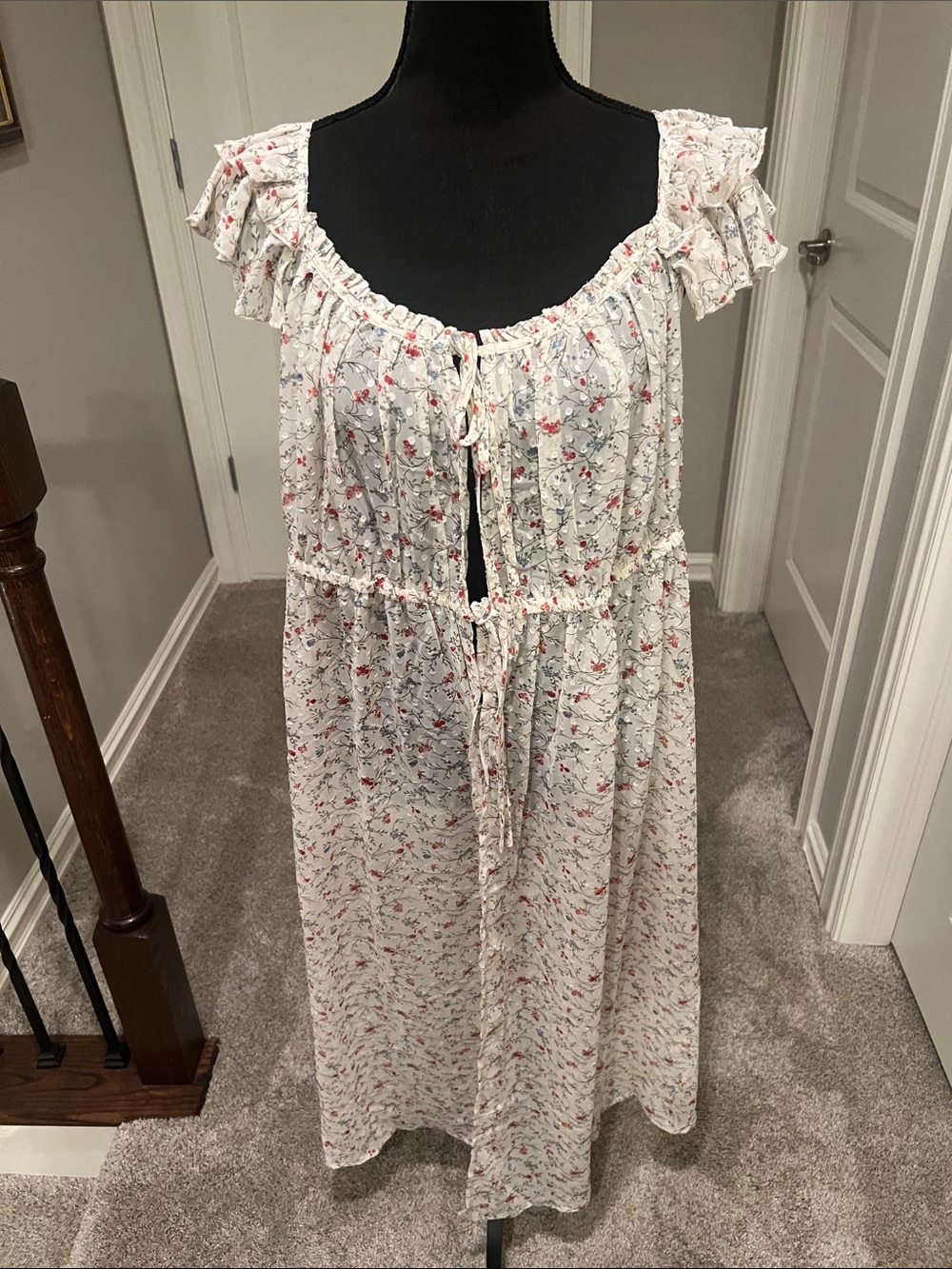 Cato Cream Floral Midi Kimono with Pink and Blue Sprigs